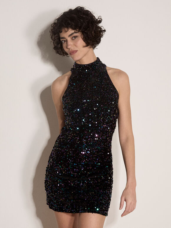 Velvet Sequin Mini Dress, Assorted, large