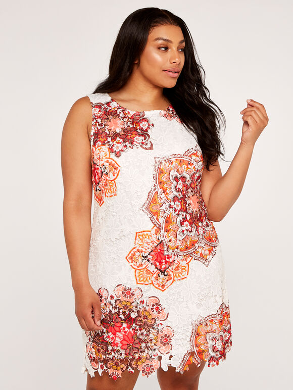 Curve Mandala Placement Lace Shift Dress, Orange, large