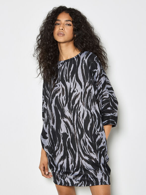 Zebra Print Knitted Cocoon Mini Dress, Grey, large