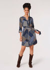 Geo Patchwork Shirt Mini Dress, Navy, large