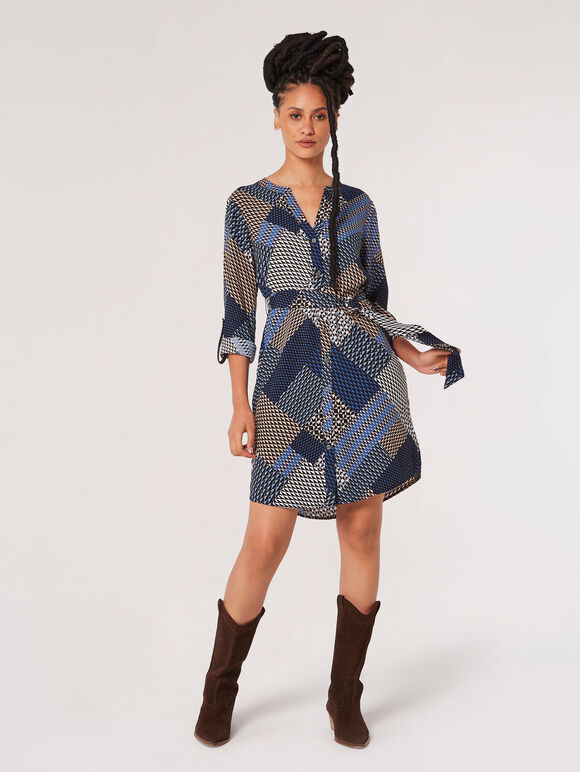 Geo Patchwork Shirt Mini Dress, Navy, large