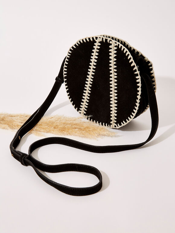 Suede Detailed Circle Bag, Black, large