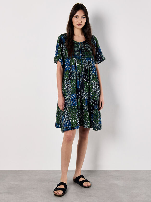 Patchwork Print Crinkle Mini Dress, Navy, large