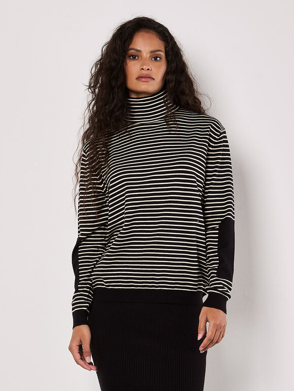Stripe And Patch Cowl Neck Jumper, Black, large