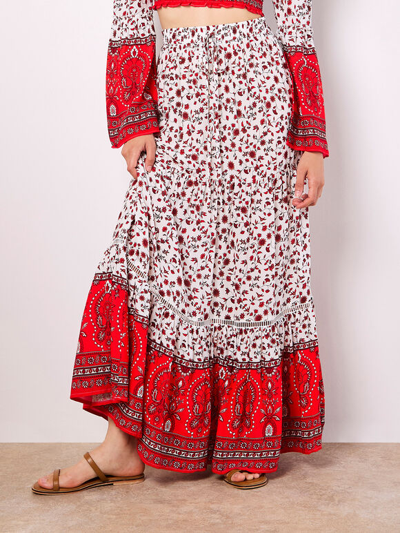 Sarasa Floral Tiered Maxi Skirt, White, large