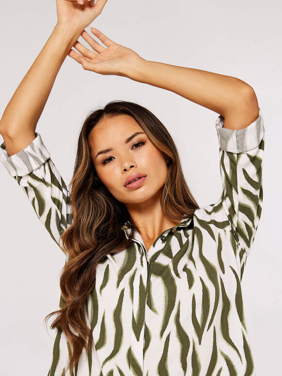 Zebra Oversized Shirt Mini Dress, Khaki, large