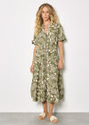 Tropical Leaf Zip-Down Midi Dress, Khaki, large