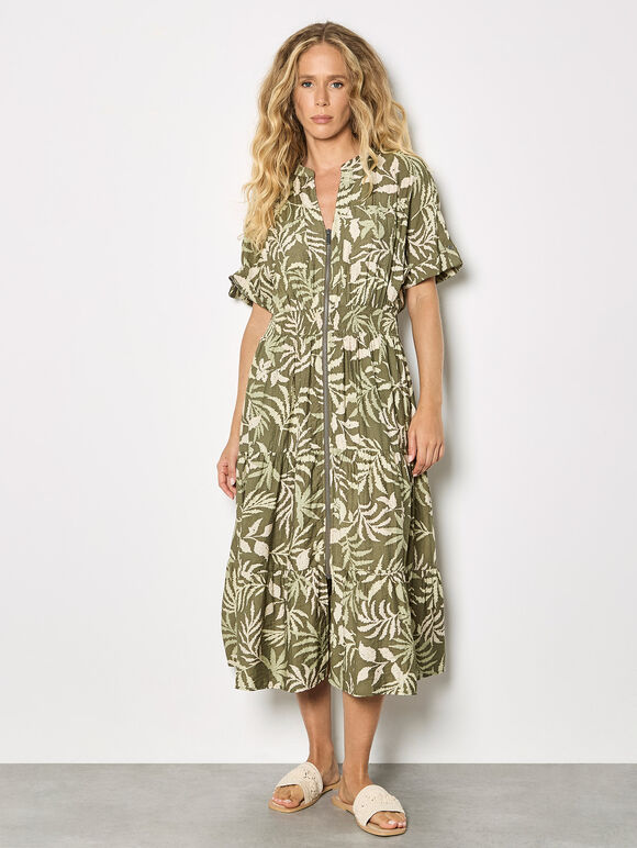 Tropical Leaf Zip-Down Midi Dress, Khaki, large