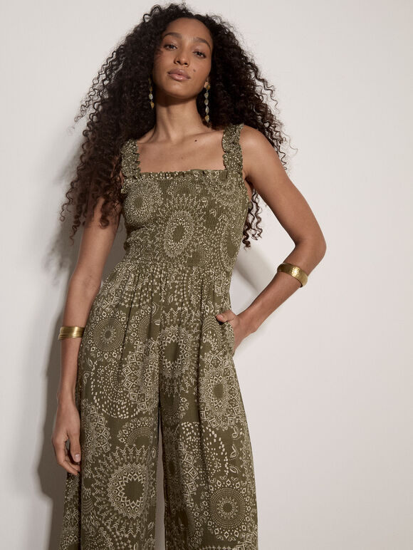 Kaleidoscope Shirred Wide-Leg Jumpsuit, Khaki, large