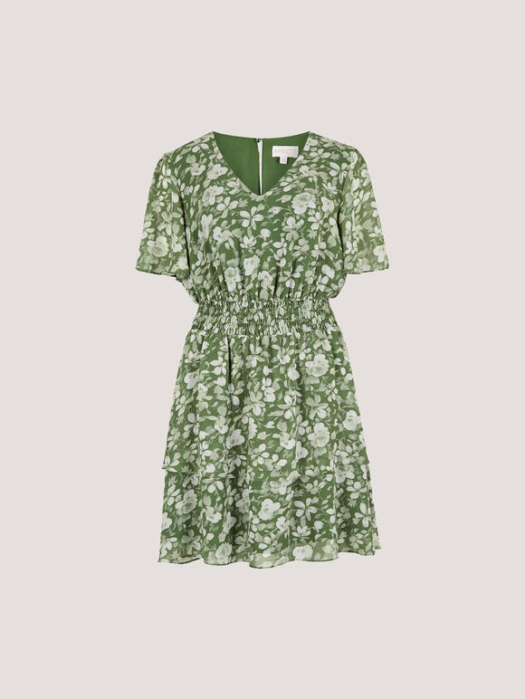 Watercolour Rose Tiered Mini Dress, Green, large