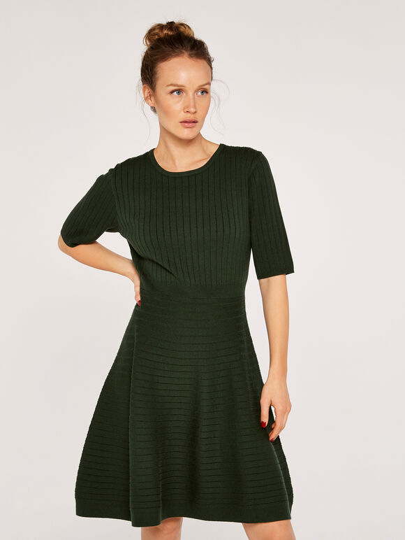 Ribbed Skater Dress, Green, large