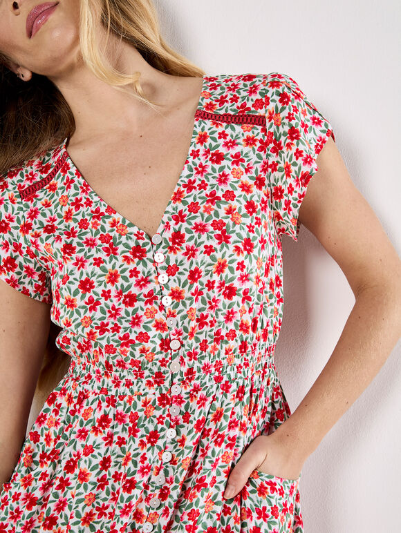 Ditsy Floral Button Down Midi Dress, White, large