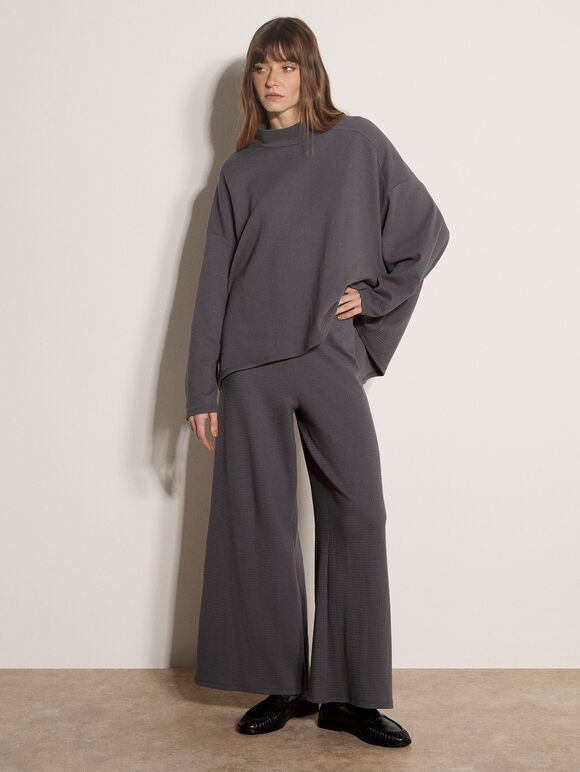 Waffle Jersey Knit Oversized Top, Dark Grey/Charcoal, large