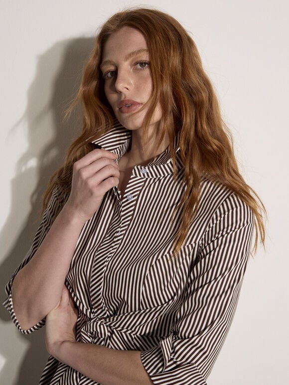 Cotton Stripe Shirt Mini Dress, Brown, large