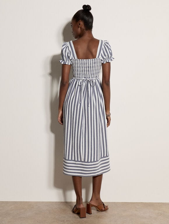 Stripe Milkmaid Midaxi Dress, Navy, large