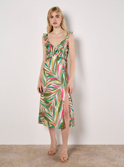 Palm Print Ruffle Midi Dress