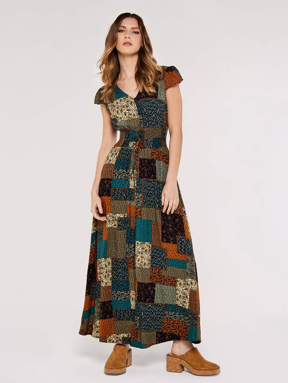 Patchwork Smocked Maxi Dress, Brown, large