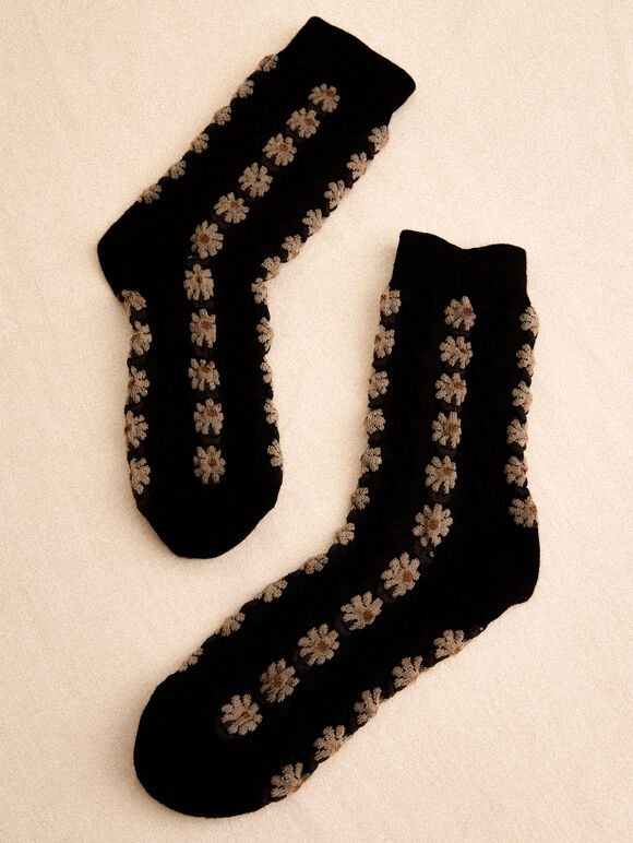 Floral Daisy Socks, Black, large