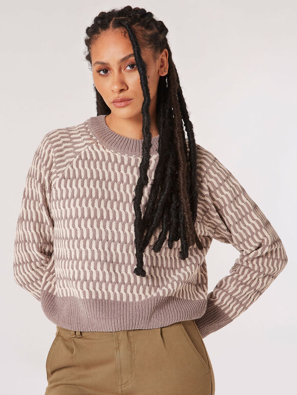 Cropped Chenille Twisted Cable Jumper, Stone, large