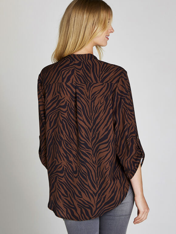 Zebra Print Open Neck Shirt, Rust, large