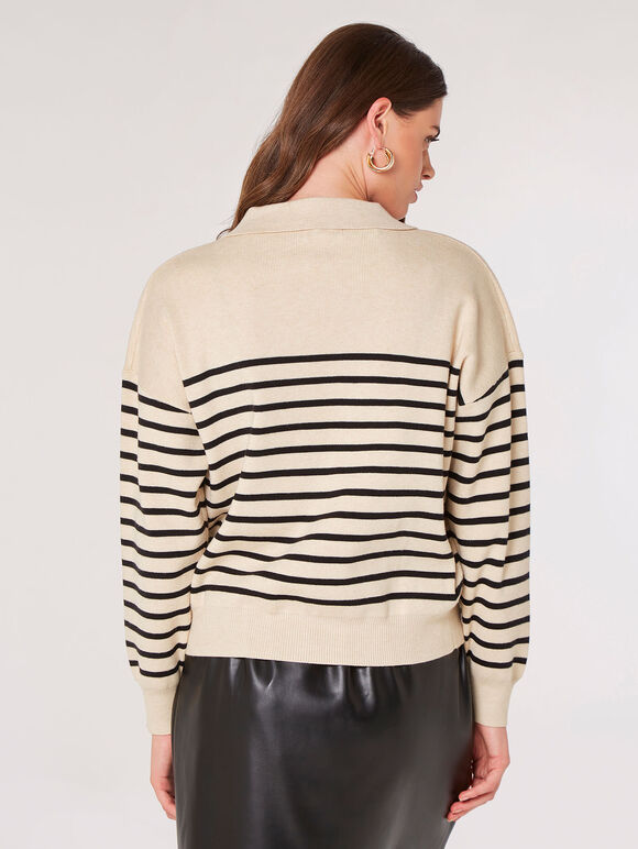 Open Collar Stripe Knit Jumper, Stone, large