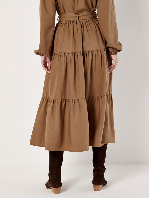 Belted Tiered Maxi Skirt, Brown, large
