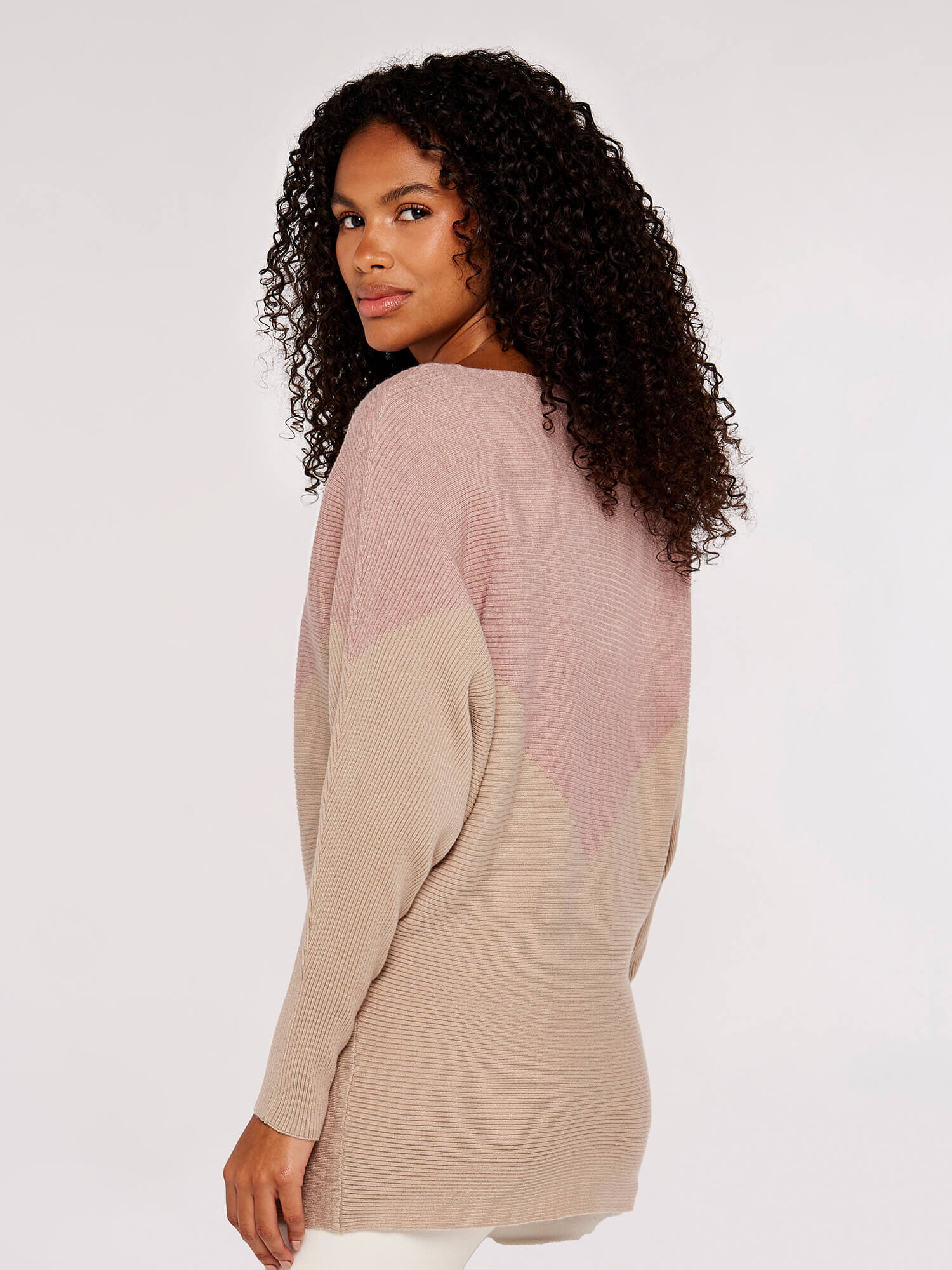 Chevron Ribbed Batwing Jumper Apricot Clothing