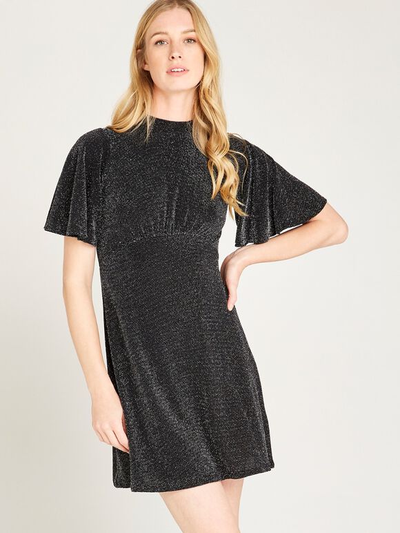 Metallic Flute Sleeve Dress, Black, large
