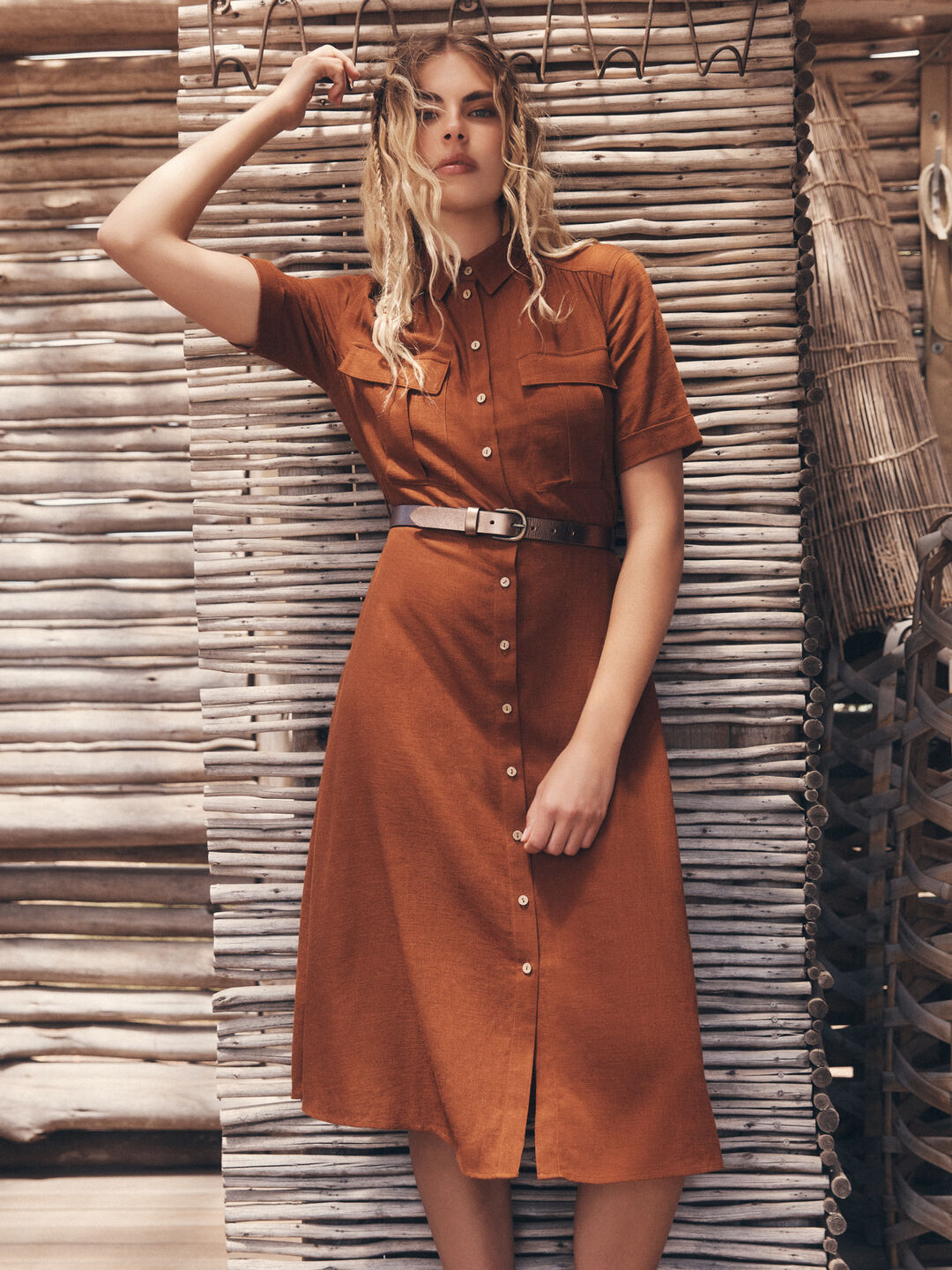 Linen Blend Utility Shirt Midi Dress