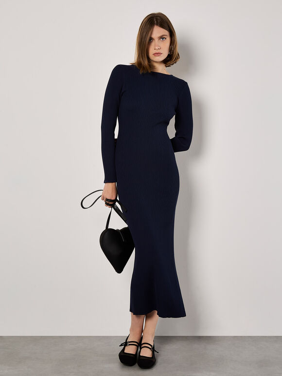 Ribbed Knit Low Back Midi Dress, Navy, large