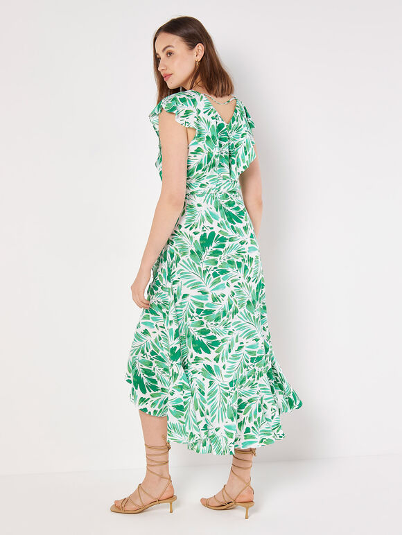 Tropical Leaf Ruffle Wrap Midi Dress, Cream, large