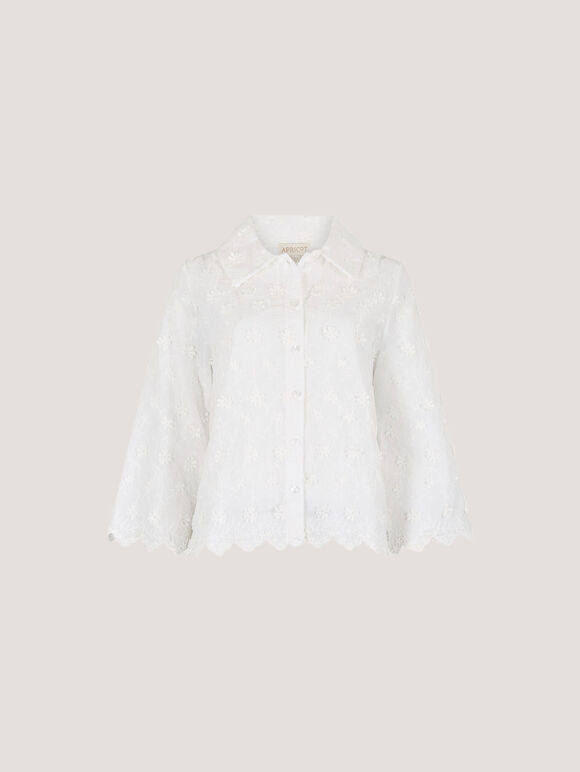 Applique Flowers Cropped Shirt, White, large
