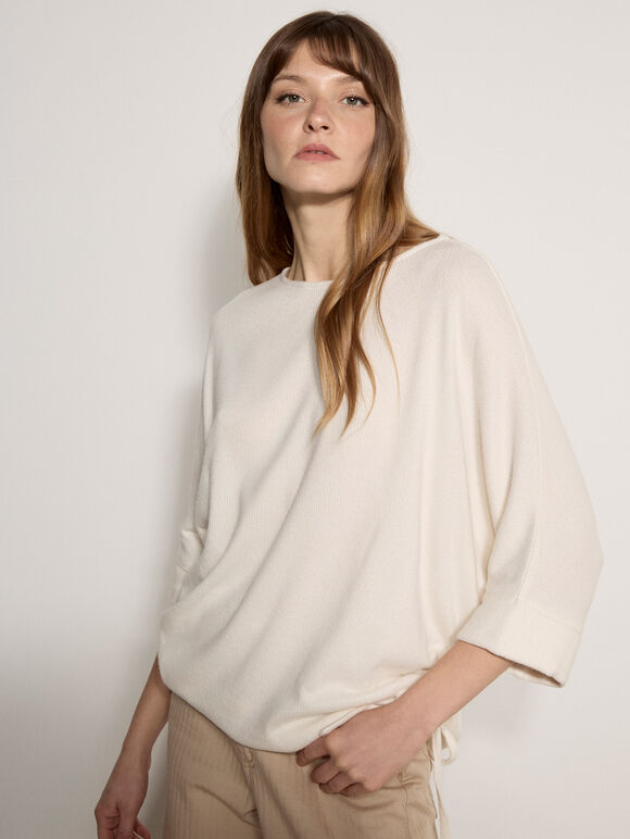 Soft Touch Drawstring Batwing Top, Cream, large