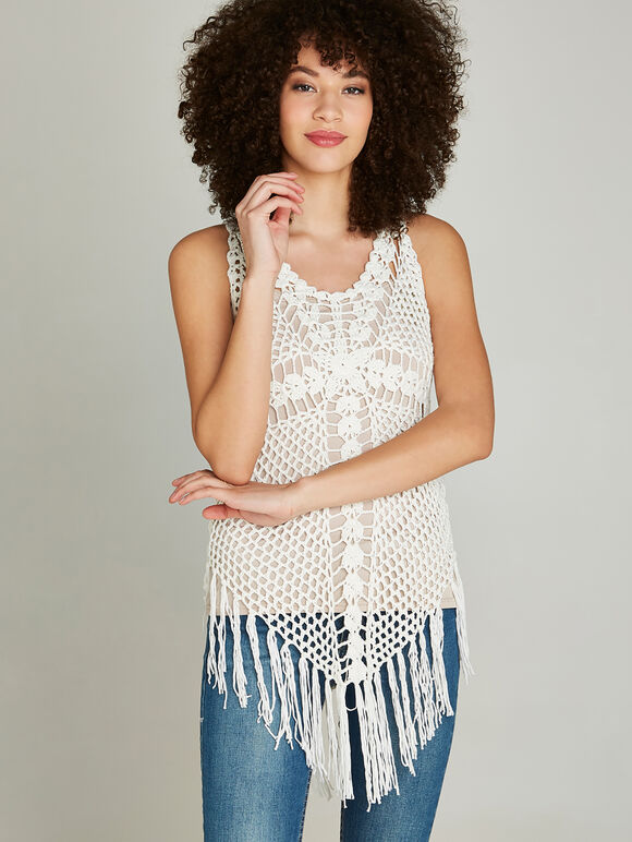 Crochet Curved Fringe Hem Top, Cream, large