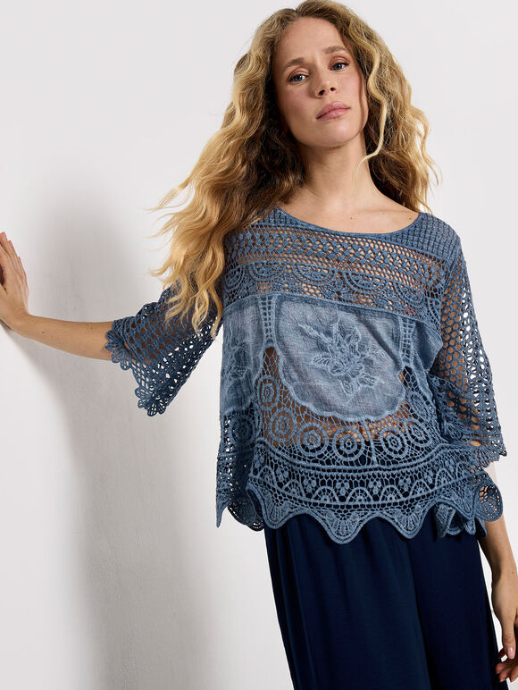 Crochet Rose Mesh Top, Blue, large