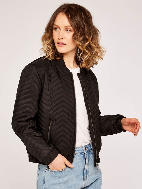 Quilted Bomber Jacket, Black, large