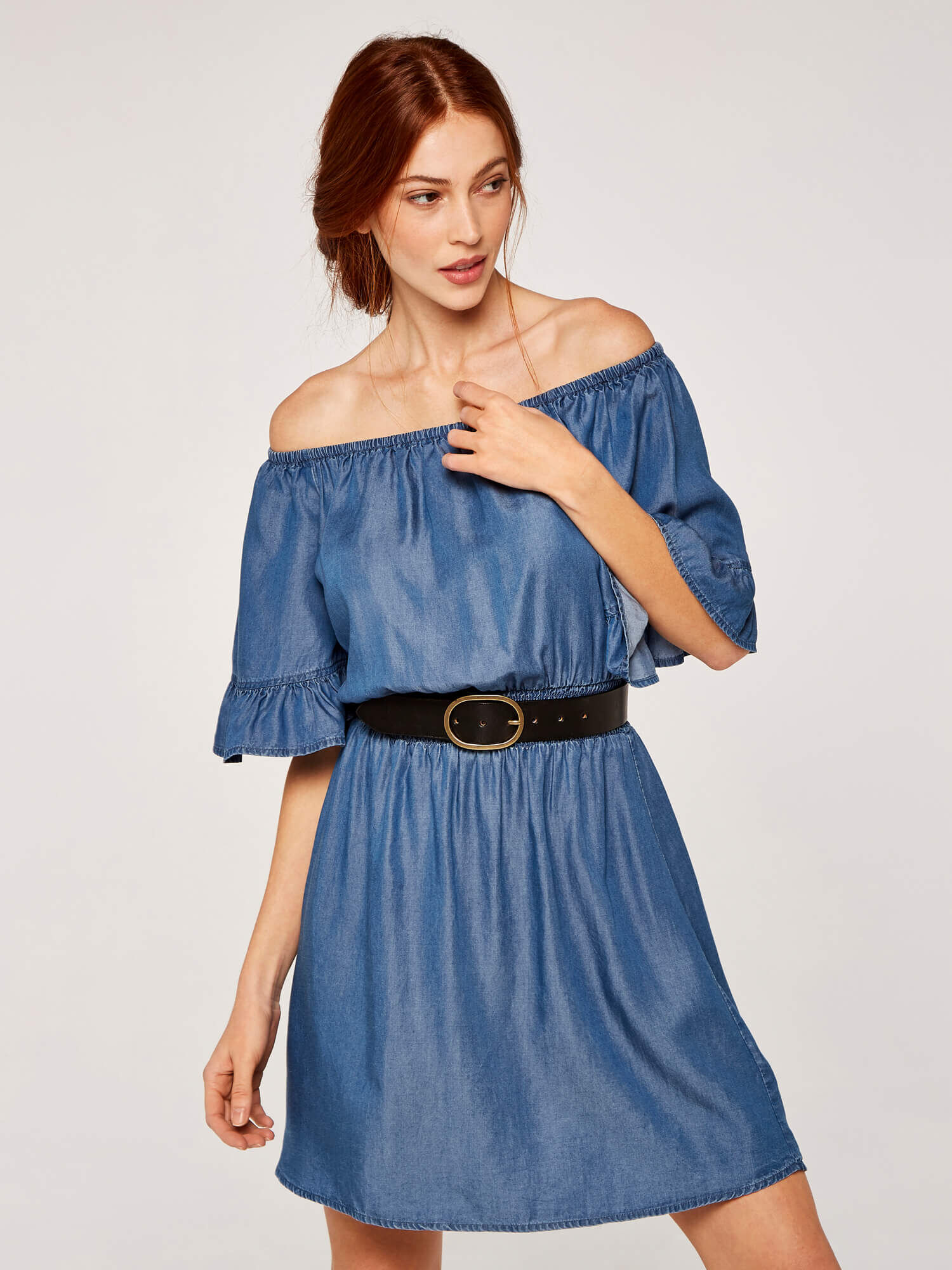 Chambray Bardot Dress Apricot Clothing