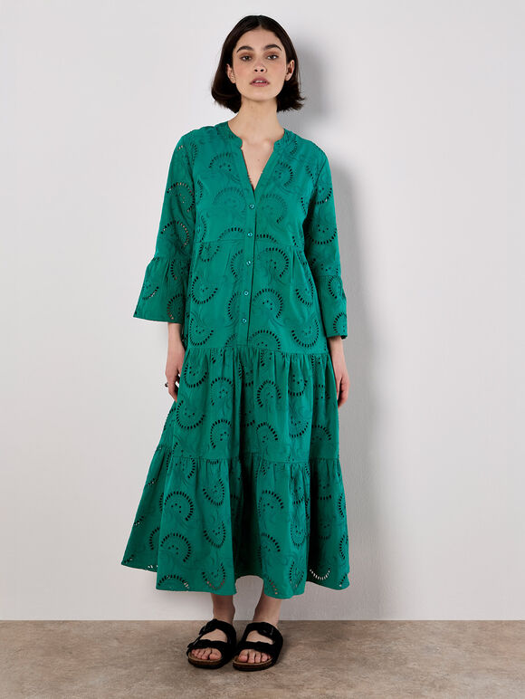 Broderie Tiered Midi Dress, Green, large
