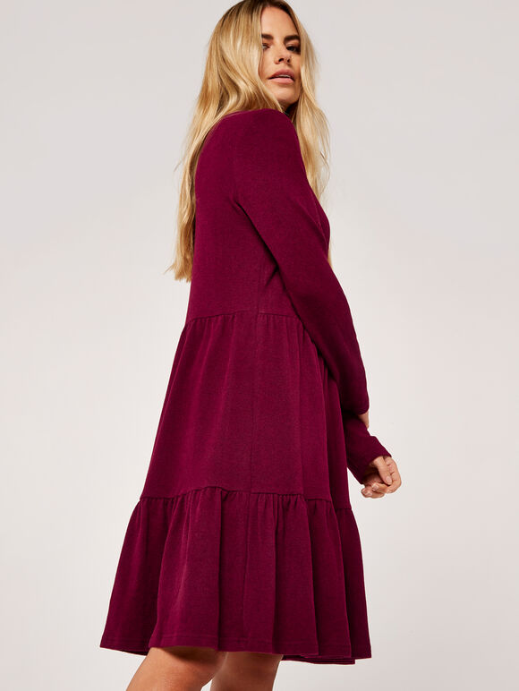 Tiered Long Sleeve Dress, Burgundy, large