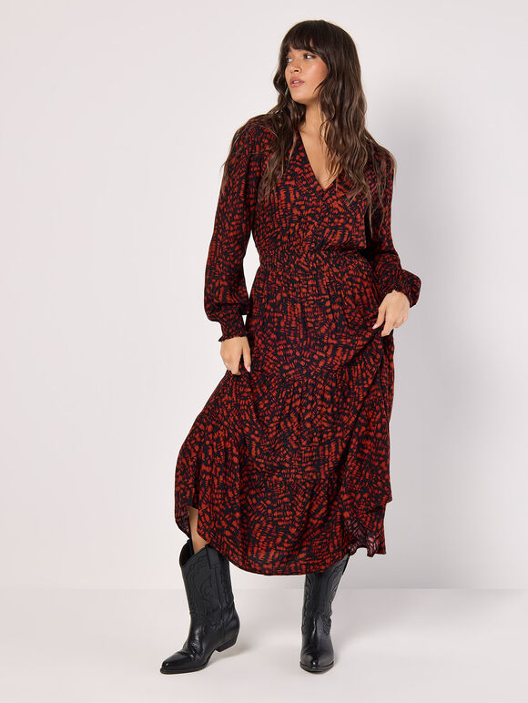 Abstract Print Tiered Midaxi Dress, Red, large