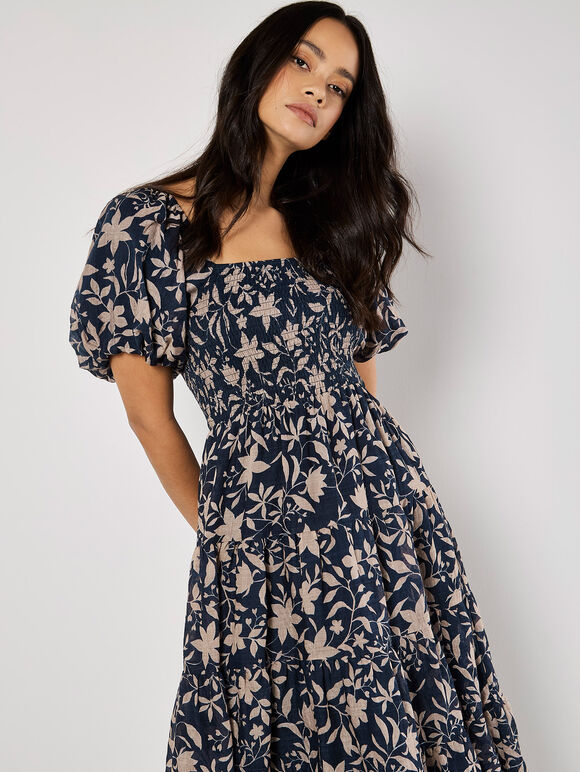 Sarasa Floral Tiered Midi Dress, Navy, large