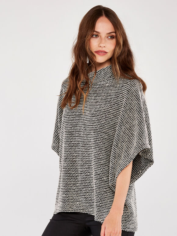 Roll Neck Boucle Cape Top, Black, large