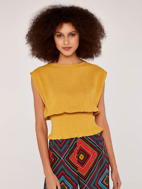 Shirred Waist Crop Top, Mustard, large