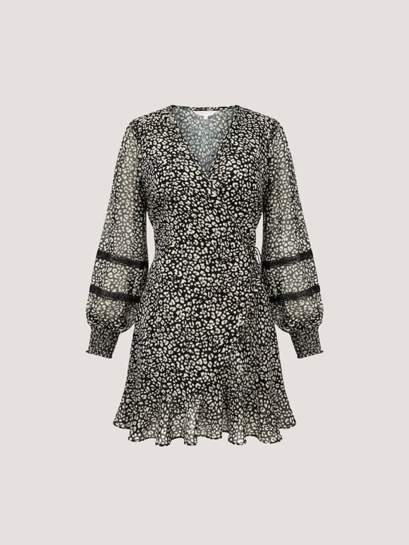 Leopard Print Chiffon Wrap Mini Dress, Brown, large