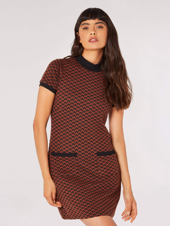 Chevron Jacquard Knit Mini Dress, Rust, large