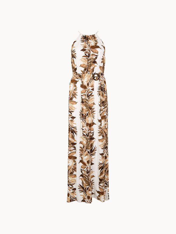 Tropical Leaf Halter Neck Maxi Dress, Cream, large