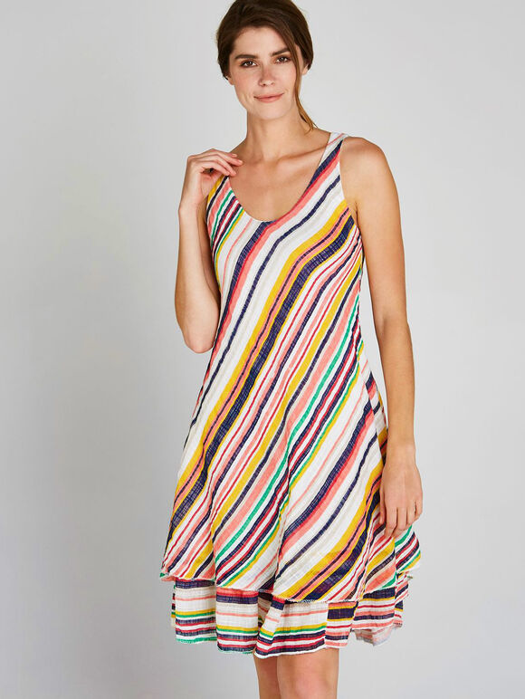 Cream Striped Double Layer Dress, Cream, large