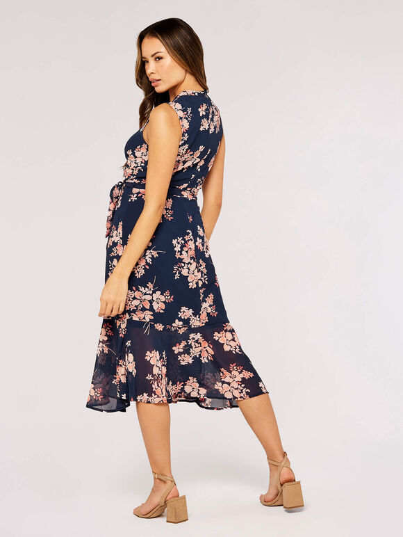 Graphic Floral Wrap Dress, Navy, large