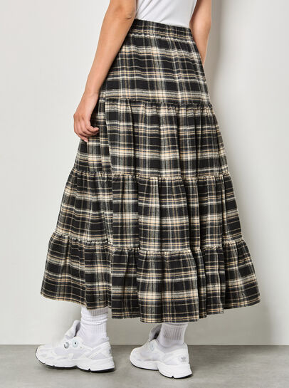 Check Print Tiered Midi Skirt
