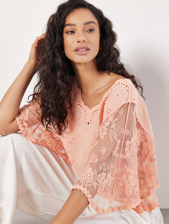 Floral Broderie Batwing Top, Coral, large